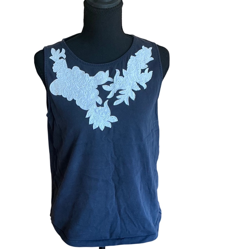 J.Crew Womens Navy Blue Cotton Sleeveless Top White Floral‎ Lace Applique Small